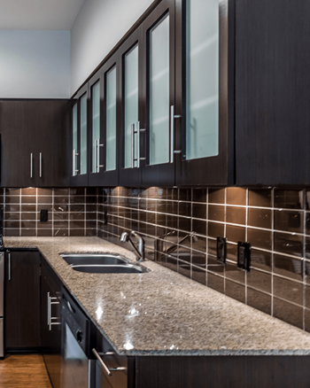 Glass subway tile backsplashes